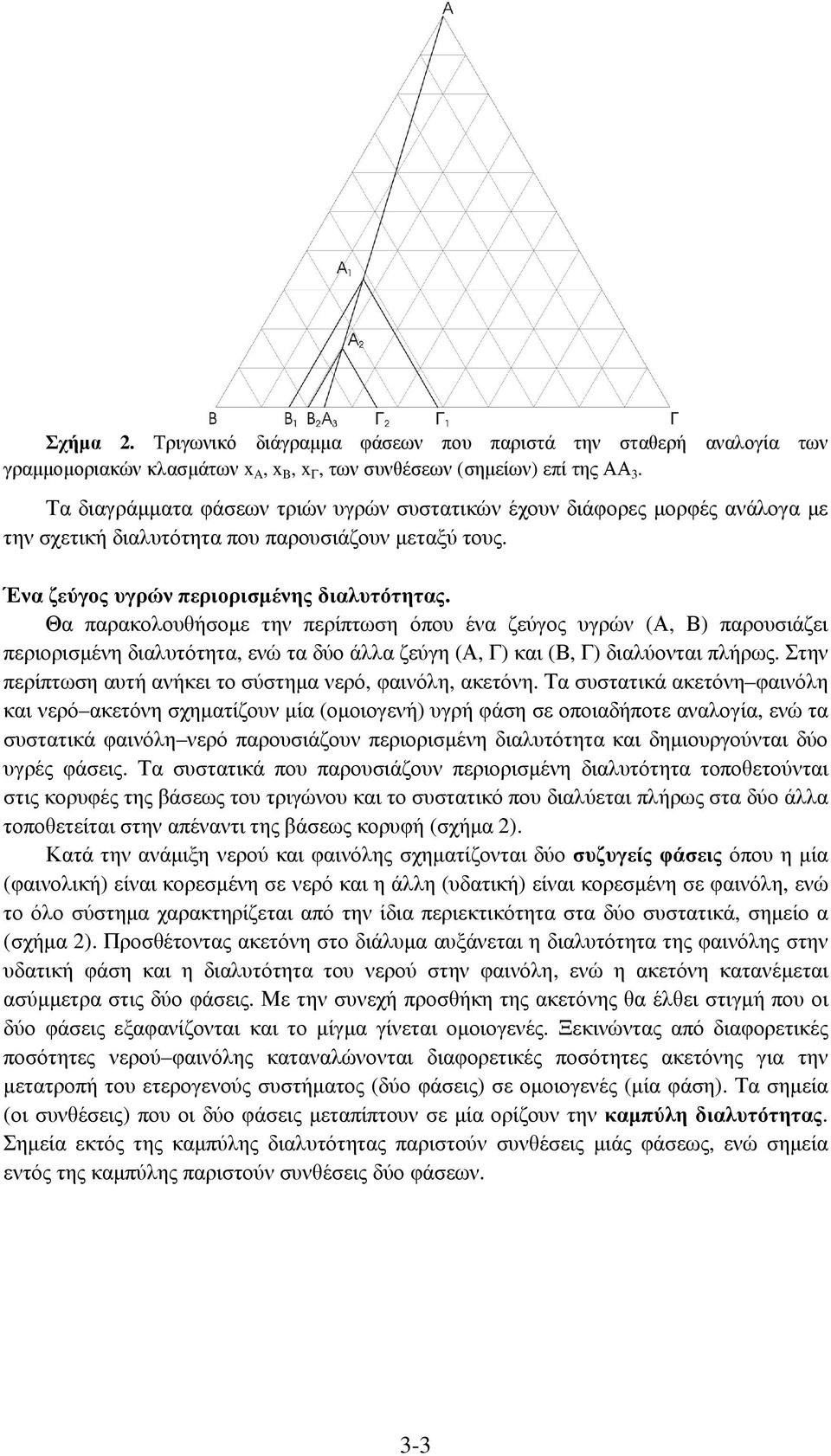 Θα παρακολουθήσοµε την περίπτωση όπου ένα ζεύγος υγρών (Α, Β) παρουσιάζει περιορισµένη διαλυτότητα, ενώ τα δύο άλλα ζεύγη (Α, Γ) και (Β, Γ) διαλύονται πλήρως.