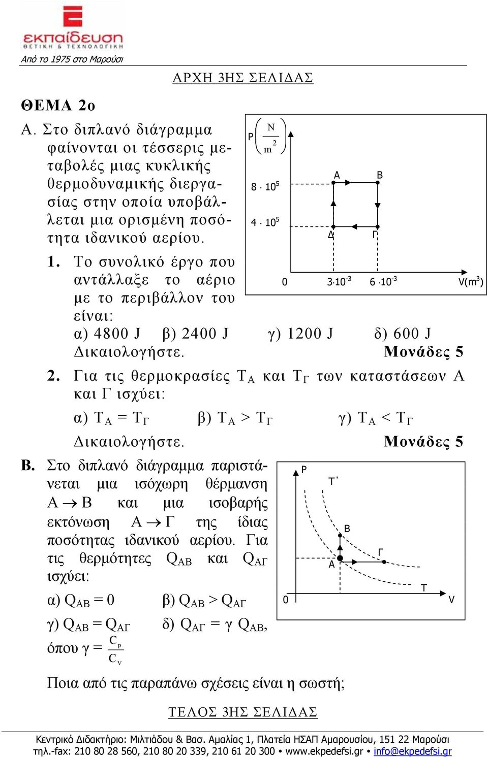 Για τις θερμοκρασίες Τ Α και Τ Γ των καταστάσεων Α και Γ ισχύει: α) Τ Α = Τ Γ β) Τ Α > Τ Γ γ) Τ Α < Τ Γ Δικαιολογήστε. Μονάδες 5 Β.