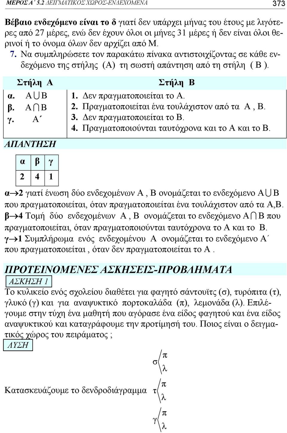 αρχίζει από Μ. 7. Να συμπληρώσετε τον παρακάτω πίνακα αντιστοιχίζοντας σε κάθε ενδεχόμενο της στήλης (Α) τη σωστή απάντηση από τη στήλη ( Β ). Στήλη Α α. Α U Β β. Α I Β γ. Α α β γ 4 1 Στήλη Β 1.