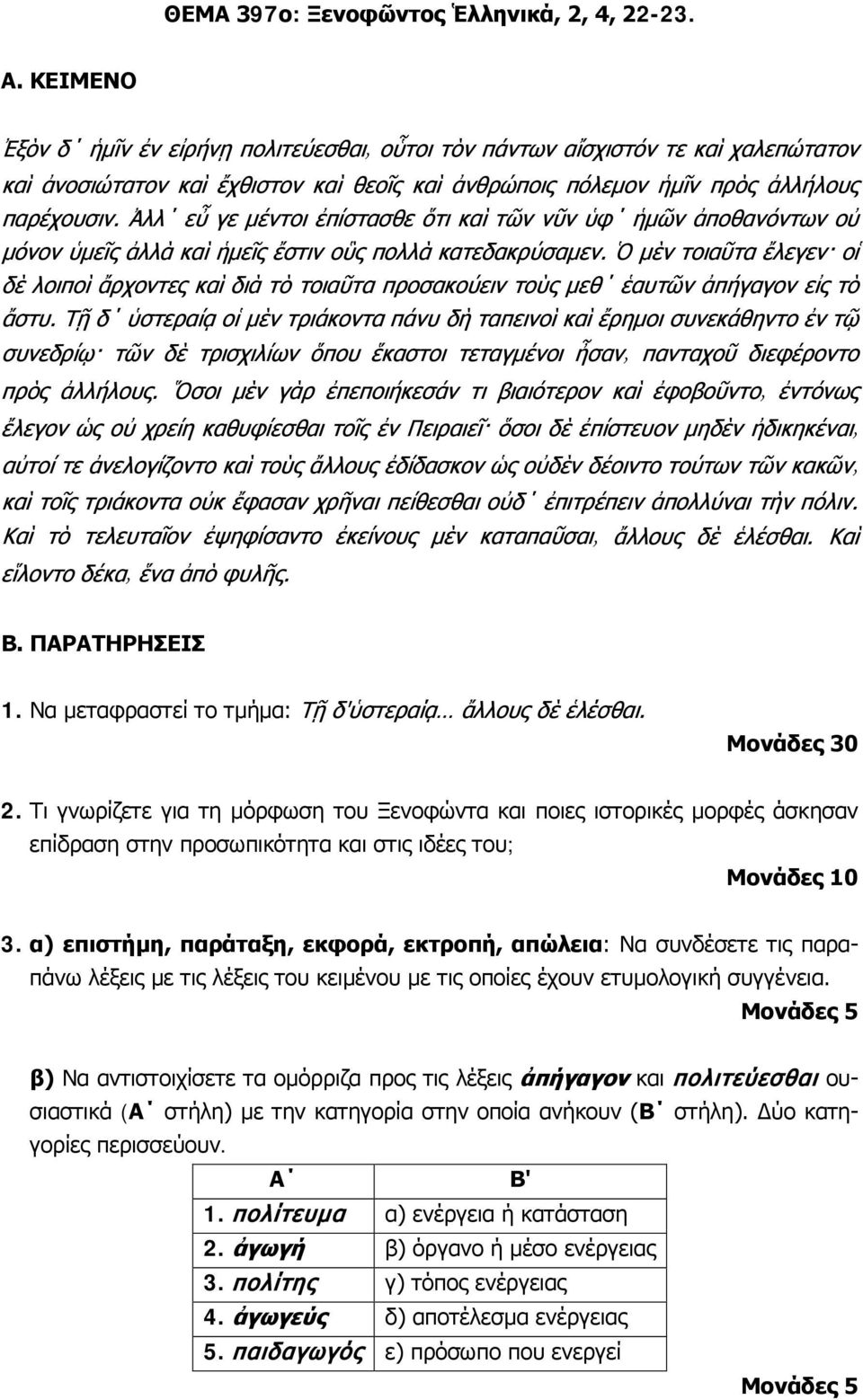 β) Να αντιστοιχίσετε τα ομόρριζα προς τις λέξεις ἀπήγαγον και πολιτεύεσθαι ουσιαστικά (Α στήλη) με την κατηγορία στην οποία ανήκουν (Β στήλη). Δύο κατηγορίες περισσεύουν. Α Β' 1.