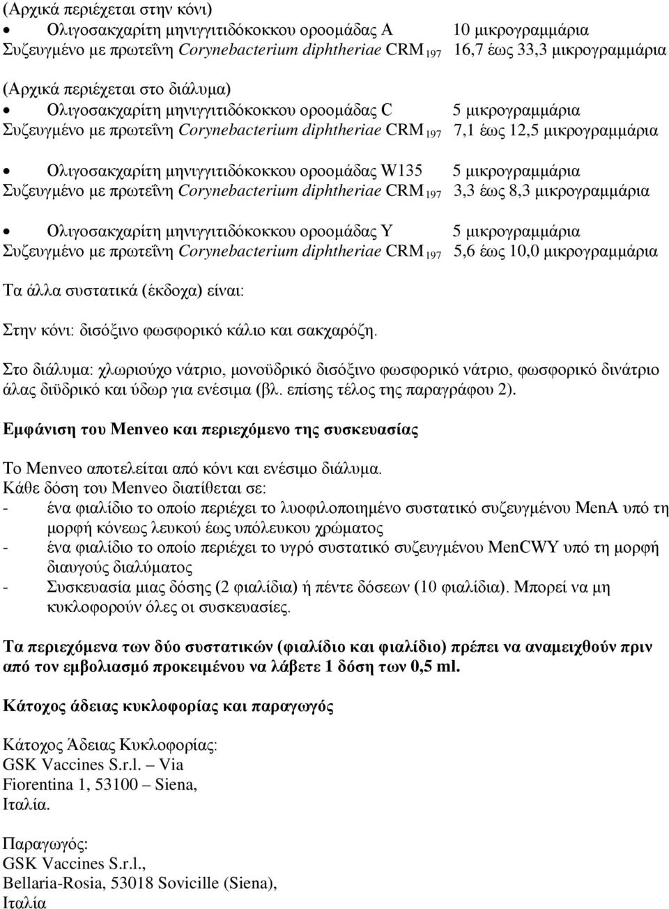 οροομάδας W135 5 μικρογραμμάρια Συζευγμένο με πρωτεΐνη Corynebacterium diphtheriae CRM 197 3,3 έως 8,3 μικρογραμμάρια Ολιγοσακχαρίτη μηνιγγιτιδόκοκκου οροομάδας Υ 5 μικρογραμμάρια Συζευγμένο με