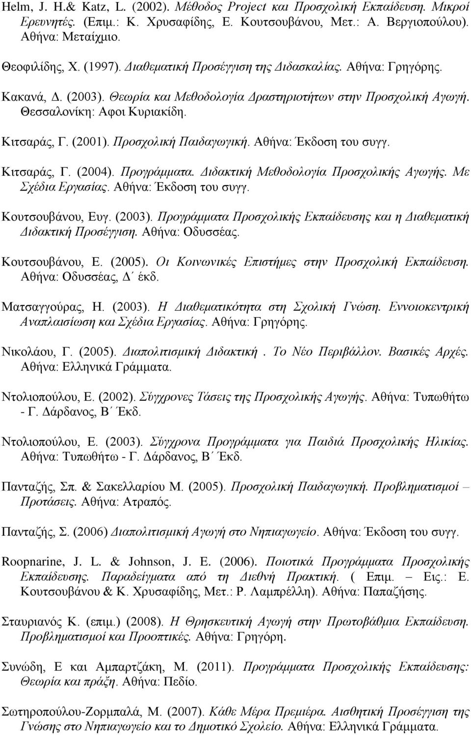 Προσχολική Παιδαγωγική. Αθήνα: Έκδοση του συγγ. Κιτσαράς, Γ. (2004). Προγράμματα. Διδακτική Μεθοδολογία Προσχολικής Αγωγής. Με Σχέδια Εργασίας. Αθήνα: Έκδοση του συγγ. Κουτσουβάνου, Ευγ. (2003).