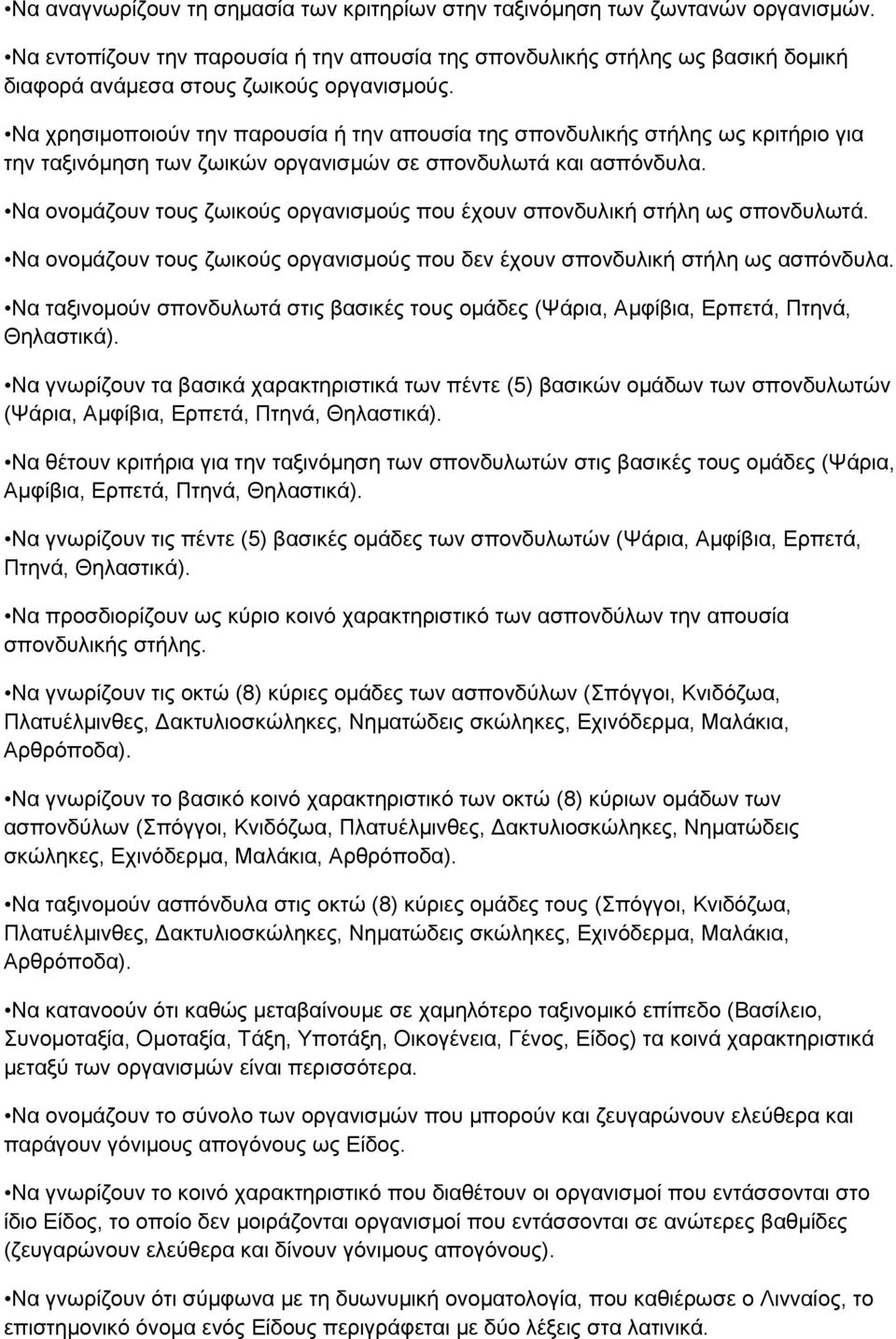 Να χρησιμοποιούν την παρουσία ή την απουσία της σπονδυλικής στήλης ως κριτήριο για την ταξινόμηση των ζωικών οργανισμών σε σπονδυλωτά και ασπόνδυλα.