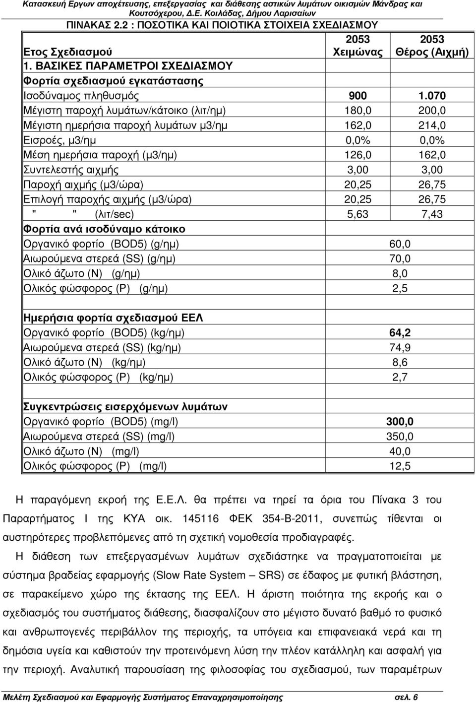 3,00 Παροχή αιχµής (µ3/ώρα) 20,25 26,75 Επιλογή παροχής αιχµής (µ3/ώρα) 20,25 26,75 " " (λιτ/sec) 5,63 7,43 Φορτία ανά ισοδύναµο κάτοικο Οργανικό φορτίο (BOD5) (g/ηµ) 60,0 Αιωρούµενα στερεά (SS)