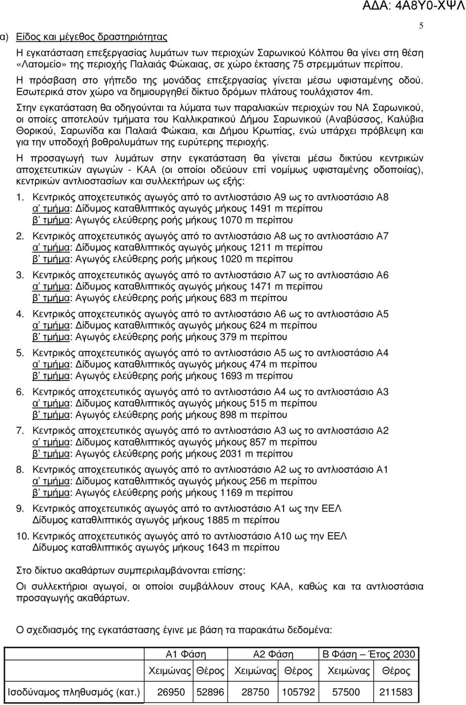 Στην εγκατάσταση θα οδηγούνται τα λύµατα των παραλιακών περιοχών του ΝΑ Σαρωνικού, οι οποίες αποτελούν τµήµατα του Καλλικρατικού ήµου Σαρωνικού (Αναβύσσος, Καλύβια Θορικού, Σαρωνίδα και Παλαιά