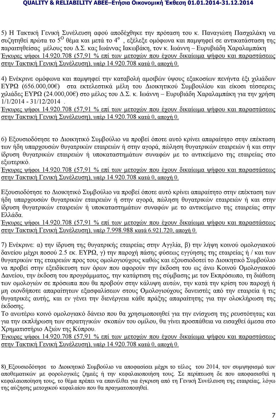 Ιωάννη Ευρυβιάδη Χαραλαμπάκη Έγκυρες ψήφοι 14.920.708 (57,91 % επί των μετοχών που έχουν δικαίωμα ψήφου και παραστάσεως στην Τακτική Γενική Συνέλευση), υπέρ 14.920.708 κατά 0, αποχή 0.