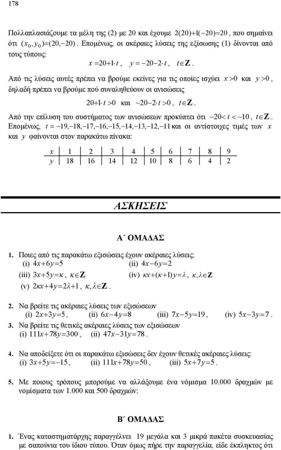 επίλυση του συστήματος των ανισώσεων προκύπτει ότι 20< t < 10, t Z Επομένως, t = 19, 18, 17, 16, 15, 14, 13, 12, 11και οι αντίστοιχες τιμές των x και y φαίνονται στον παρακάτω πίνακα: x 1 2 3 4 5 6 7