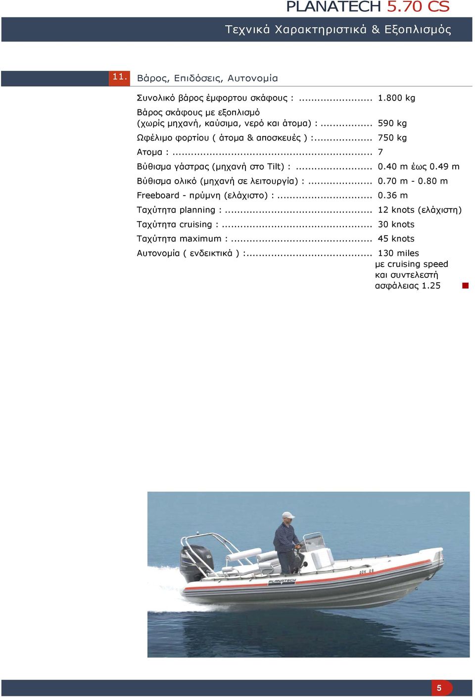 49 m Bύθισμα ολικό (μηχανή σε λειτουργία) :... 0.70 m - 0.80 m Freeboard - πρύμνη (ελάχιστο) :... 0.36 m Ταχύτητα planning :.