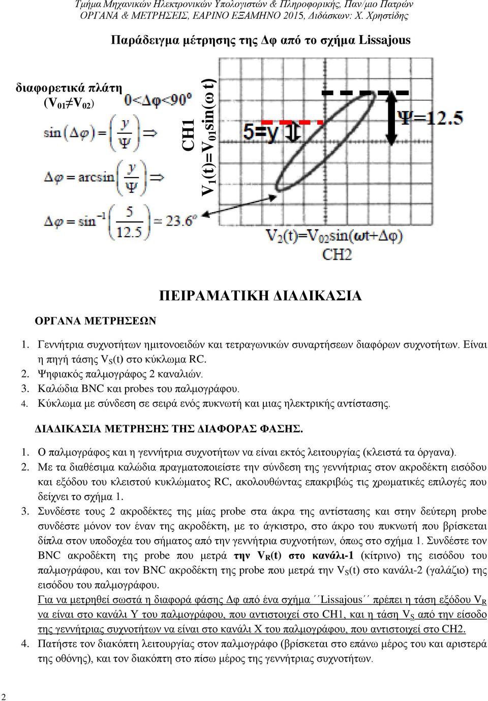 Καλώδια BNC και probes του παλμογράφου. 4. Κύκλωμα με σύνδεση σε σειρά ενός πυκνωτή και μιας ηλεκτρικής αντίστασης. ΔΙΑΔΙΚΑΣΙΑ ΜΕΤΡΗΣΗΣ ΤΗΣ ΔΙΑΦΟΡΑΣ ΦΑΣΗΣ. 1.