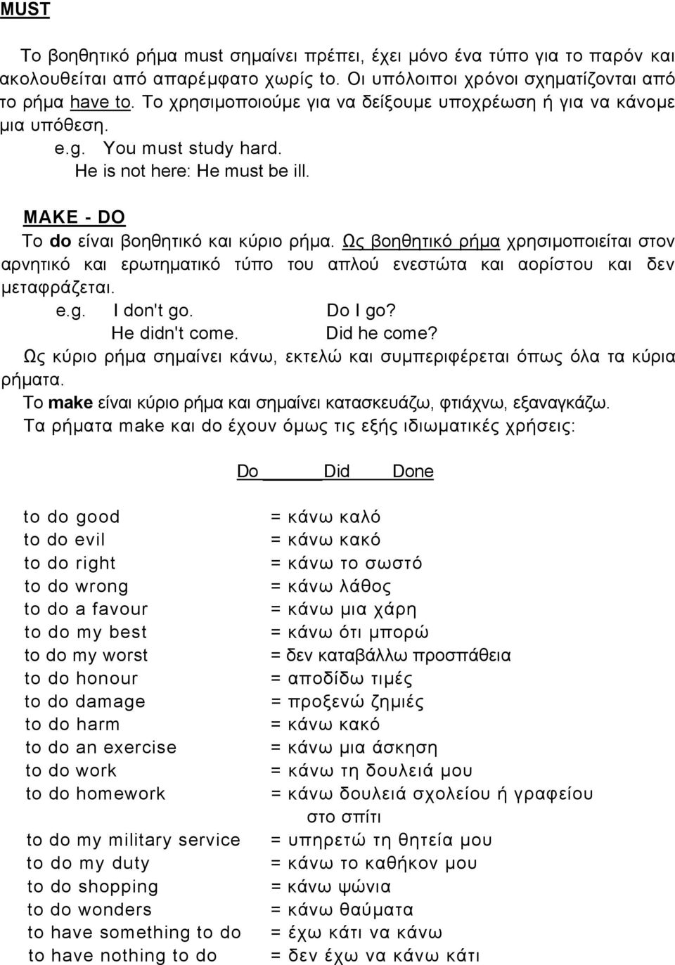 Ως βοηθητικό ρήµα χρησιµοποιείται στον αρνητικό και ερωτηµατικό τύπο του απλού ενεστώτα και αορίστου και δεν µεταφράζεται. e.g. I don't go. Do I go? He didn't come. Did he come?