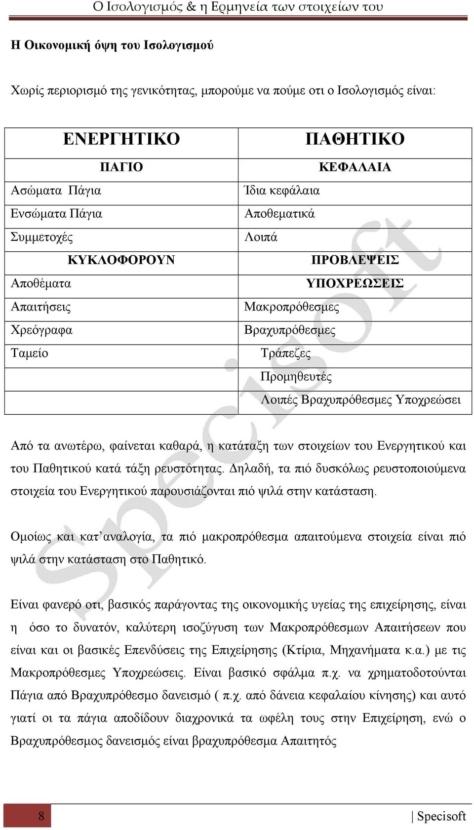 καθαρά, η κατάταξη των στοιχείων του Ενεργητικού και του Παθητικού κατά τάξη ρευστότητας. Δηλαδή, τα πιό δυσκόλως ρευστοποιούμενα στοιχεία του Ενεργητικού παρουσιάζονται πιό ψιλά στην κατάσταση.