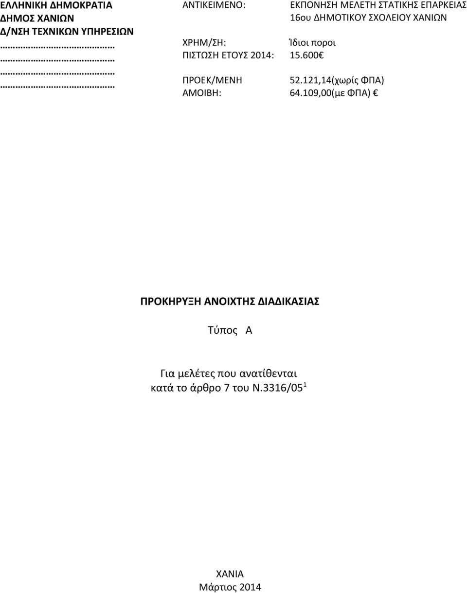 ΧΑΝΙΩΝ Ίδιοι ποροι 15.600 52.121,14(χωρίς ΦΠΑ) 64.