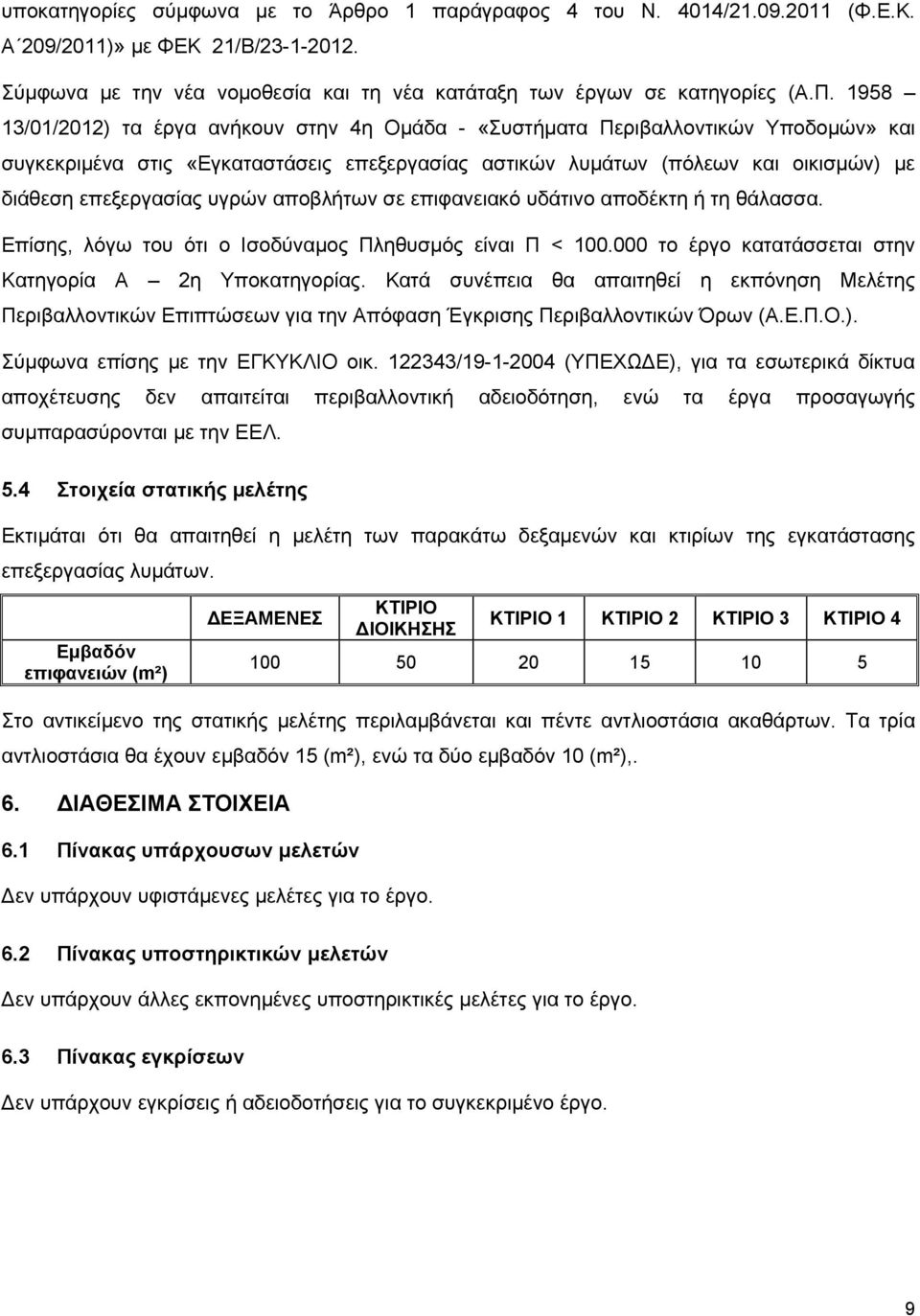 υγρών αποβλήτων σε επιφανειακό υδάτινο αποδέκτη ή τη θάλασσα. Επίσης, λόγω του ότι ο Ισοδύναμος Πληθυσμός είναι Π < 100.000 το έργο κατατάσσεται στην Κατηγορία Α 2η Υποκατηγορίας.