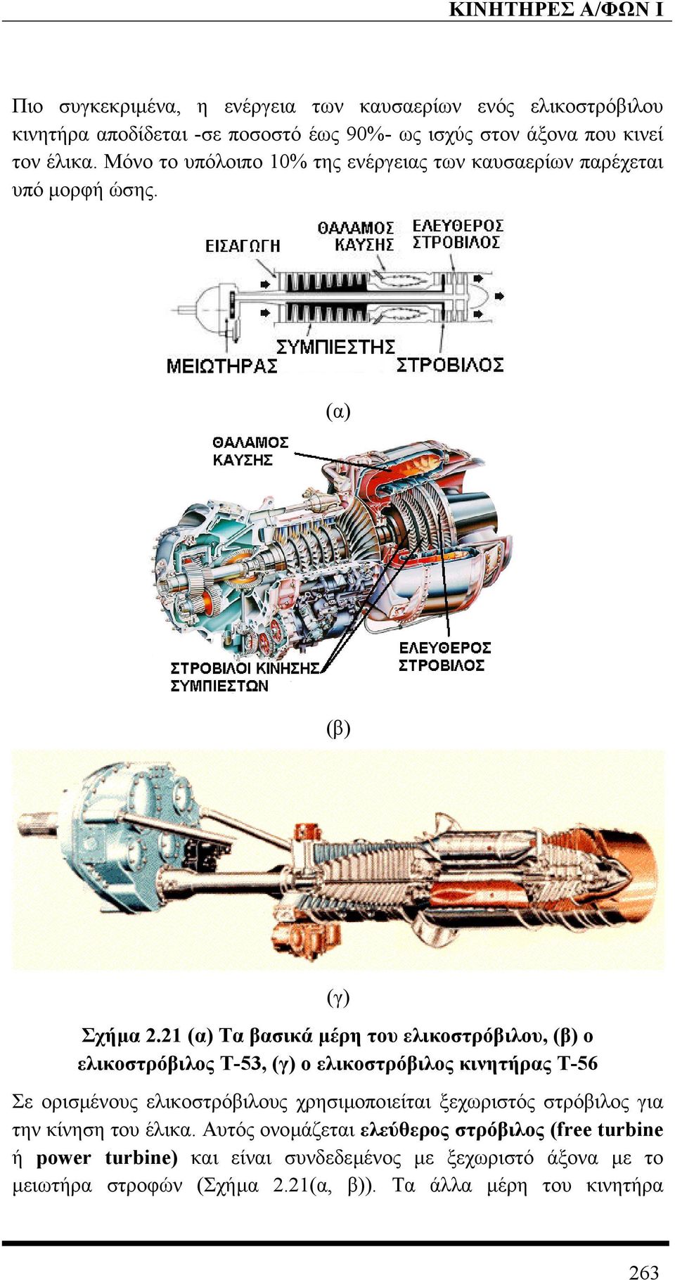 21 (α) Τα βασικά µέρη του ελικοστρόβιλου, (β) ο ελικοστρόβιλος Τ-53, (γ) ο ελικοστρόβιλος κινητήρας Τ-56 Σε ορισµένους ελικοστρόβιλους χρησιµοποιείται