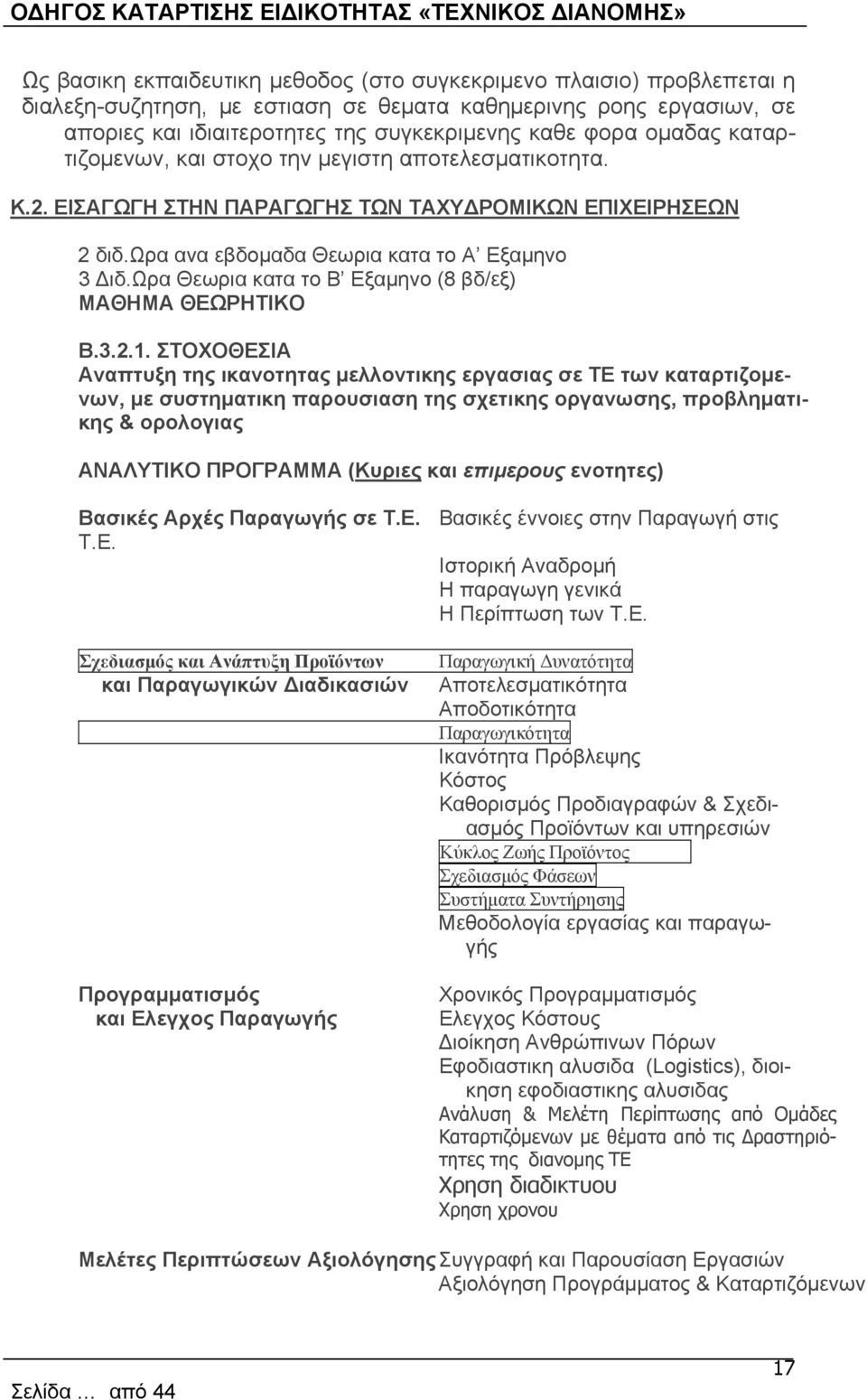 Ωρα Θεωρια κατα το Β Εξαμηνο (8 βδ/εξ) ΜΑΘΗΜΑ ΘΕΩΡΗΤΙΚΟ Β.3.2.1.