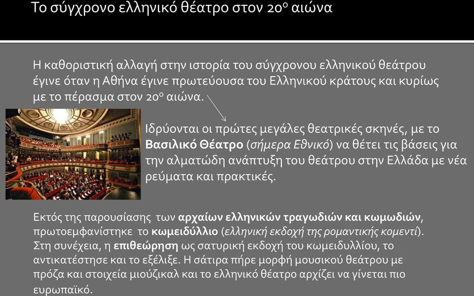 Ιδρύονται οι πρώτες μεγάλες θεατρικές σκηνές, με το Βασιλικό Θέατρο (σήμερα Εθνικό) να θέτει τις βάσεις για την αλματώδη ανάπτυξη του θεάτρου στην Ελλάδα με νέα ρεύματα και πρακτικές.