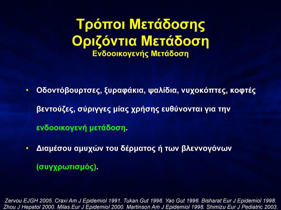 Διαµέσου αµυχών του δέρµατος ή των βλεννογόνων (συγχρωτισµός). Zervou EJGH 2005. Craxi Am J Epidemiol 1991.