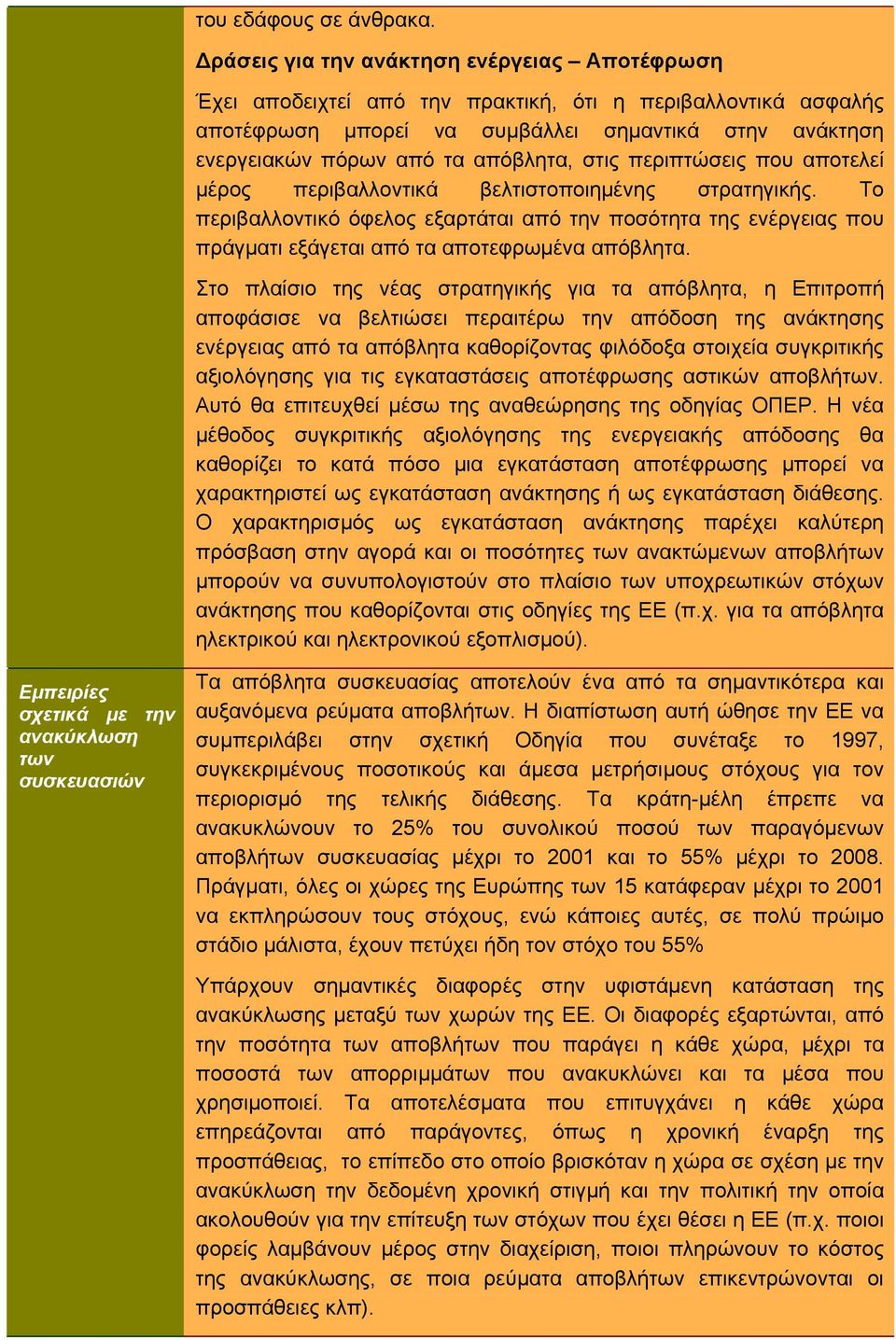 στις περιπτώσεις που αποτελεί μέρος περιβαλλοντικά βελτιστοποιημένης στρατηγικής. Το περιβαλλοντικό όφελος εξαρτάται από την ποσότητα της ενέργειας που πράγματι εξάγεται από τα αποτεφρωμένα απόβλητα.