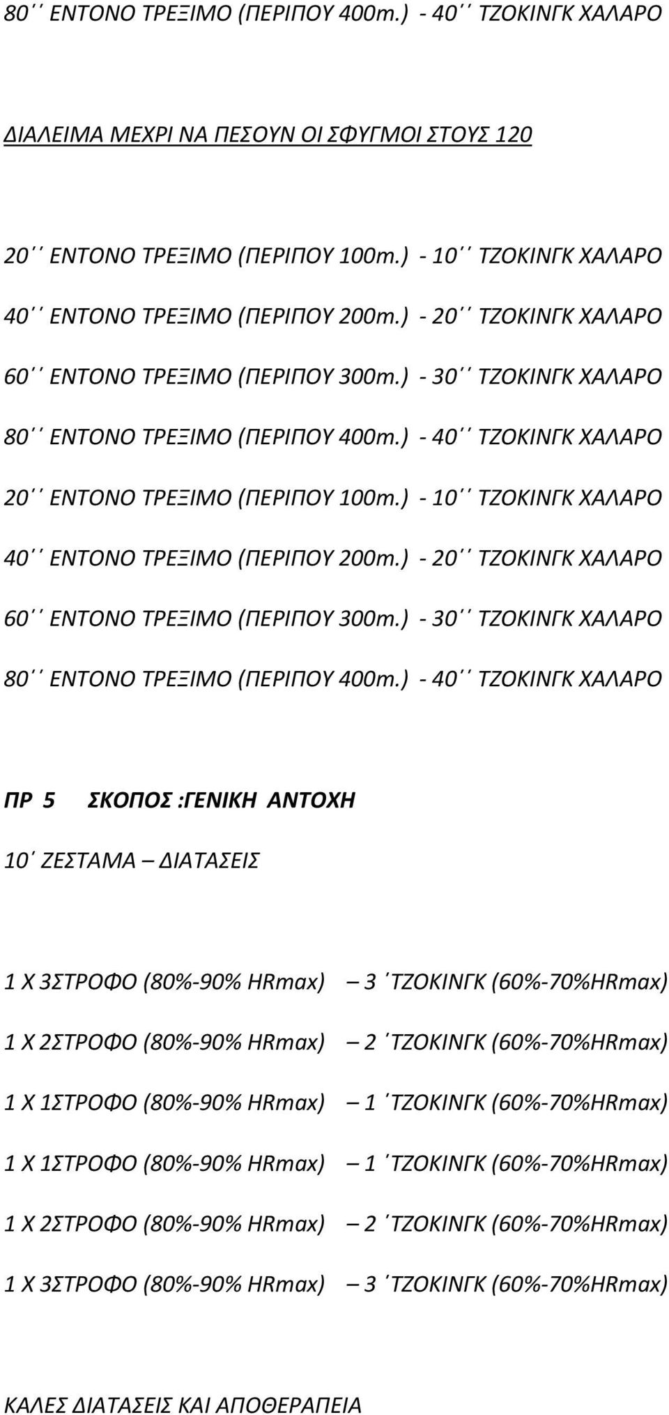 ) 10 ΤΖΟΚΙΝΓΚ ΧΑΛΑΡΟ 40 ΕΝΤΟΝΟ ΤΡΕΞΙΜΟ (ΠΕΡΙΠΟΥ 200m.) 20 ΤΖΟΚΙΝΓΚ ΧΑΛΑΡΟ 60 ΕΝΤΟΝΟ ΤΡΕΞΙΜΟ (ΠΕΡΙΠΟΥ 300m.) 30 ΤΖΟΚΙΝΓΚ ΧΑΛΑΡΟ 80 ΕΝΤΟΝΟ ΤΡΕΞΙΜΟ (ΠΕΡΙΠΟΥ 400m.