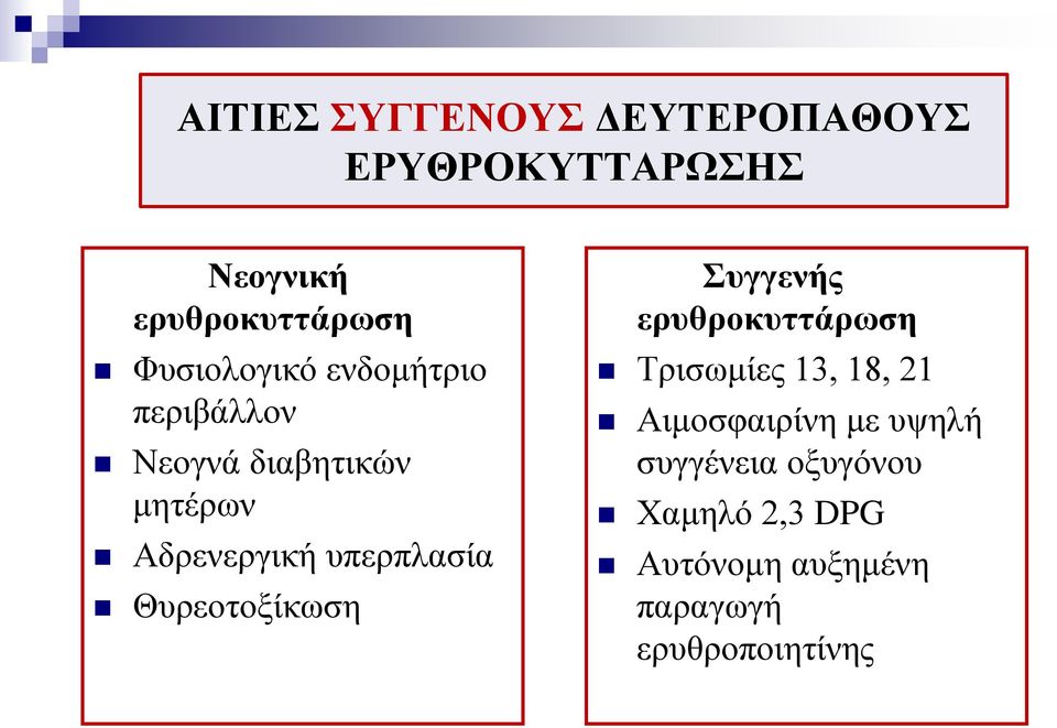 υπερπλασία Θυρεοτοξίκωση Συγγενής ερυθροκυττάρωση Τρισωμίες 13, 18, 21