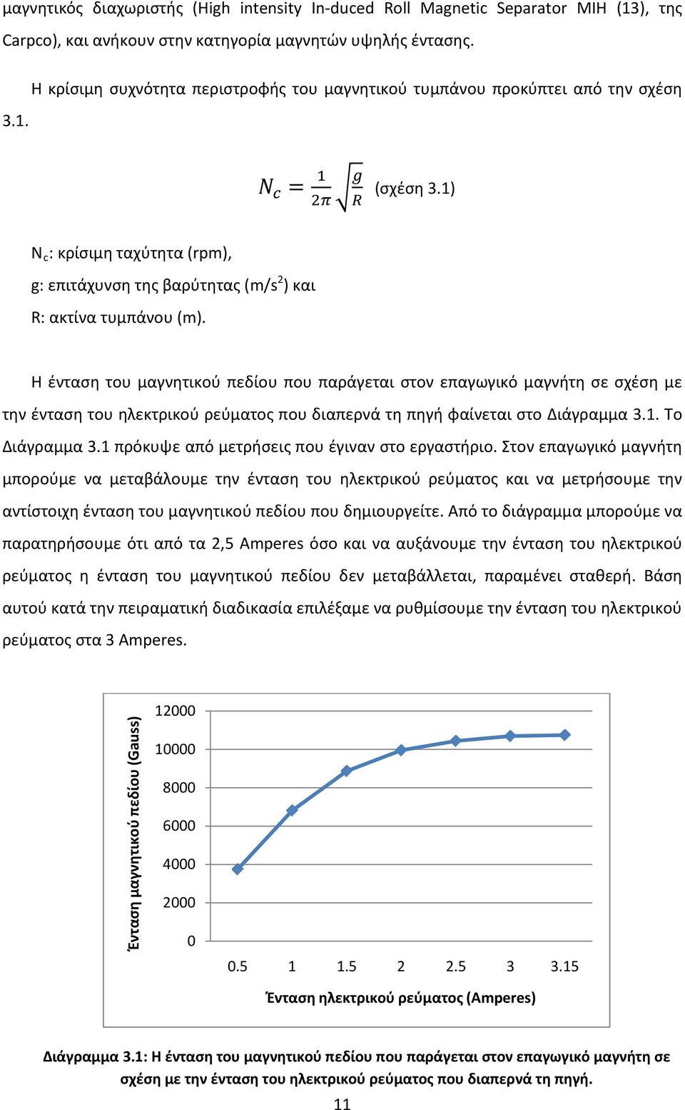 2 Η ένταση του μαγνητικού πεδίου που παράγεται στον επαγωγικό μαγνήτη σε σχέση με την ένταση του ηλεκτρικού ρεύματος που διαπερνά τη πηγή φαίνεται στο Διάγραμμα 3.1. Το Διάγραμμα 3.