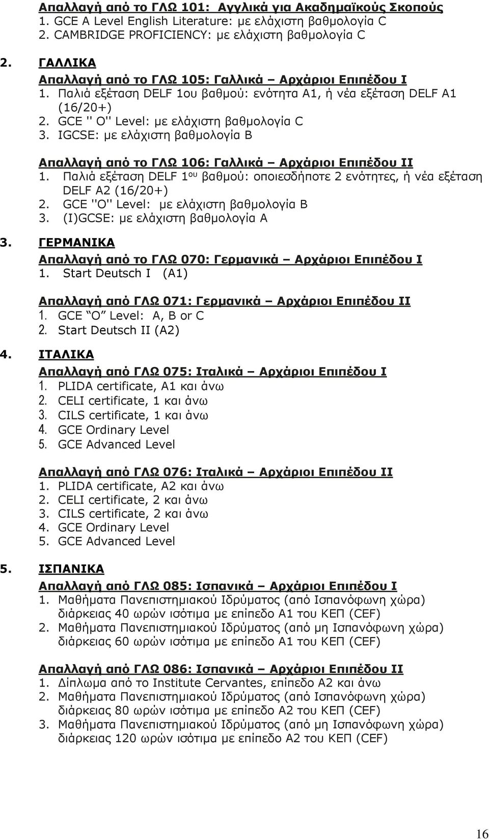 IGCSE: με ελάχιστη βαθμολογία B Απαλλαγή από το ΓΛΩ 106: Γαλλικά Αρχάριοι Επιπέδου II 1. Παλιά εξέταση DELF 1 ου βαθμού: οποιεσδήποτε 2 ενότητες, ή νέα εξέταση DELF A2 (16/20+) 2.