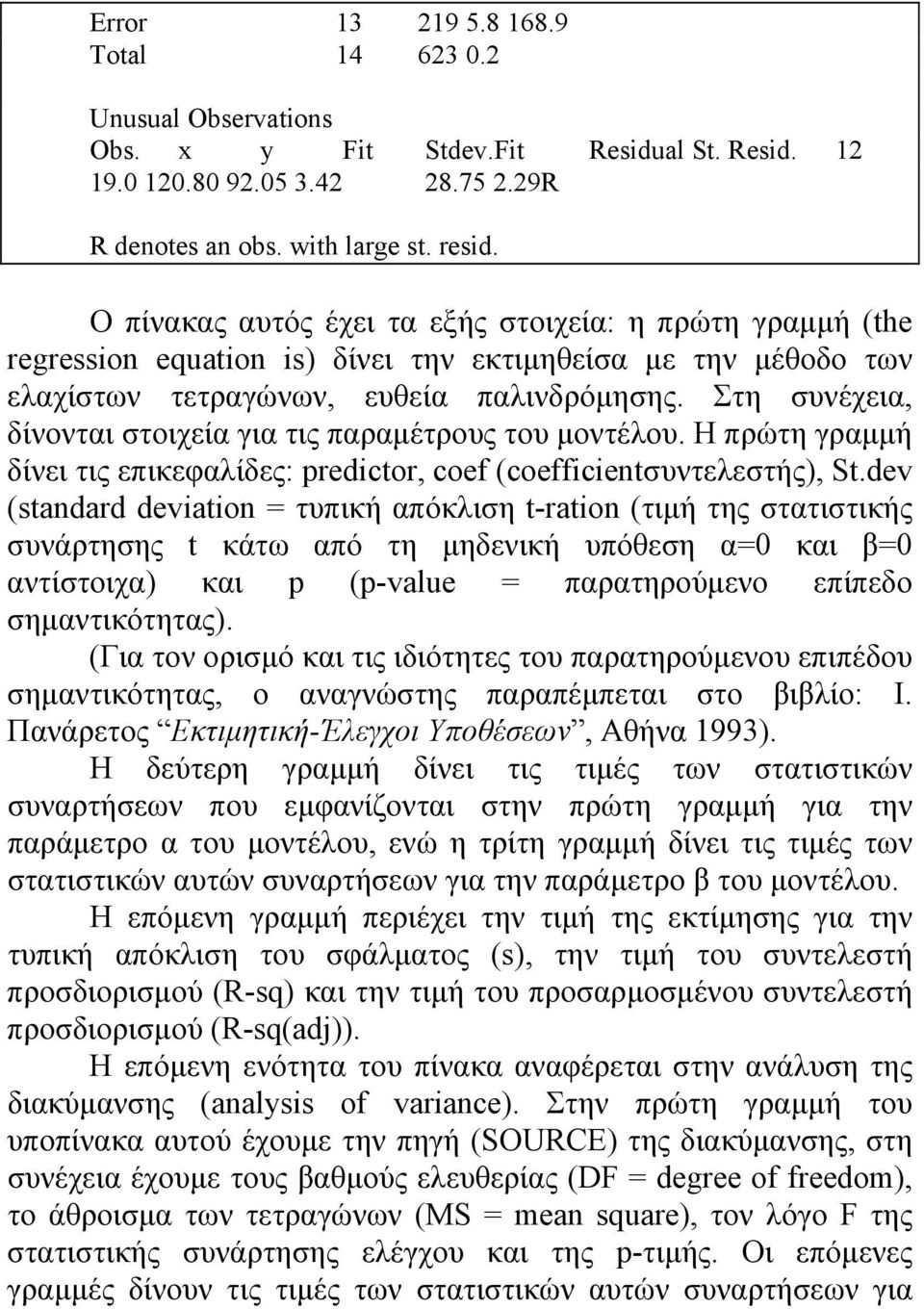 Στη συνέχεια, δίνονται στοιχεία για τις παραμέτρους του μοντέλου. Η πρώτη γραμμή δίνει τις επικεφαλίδες: predictor, coef (coefficientσυντελεστής), St.