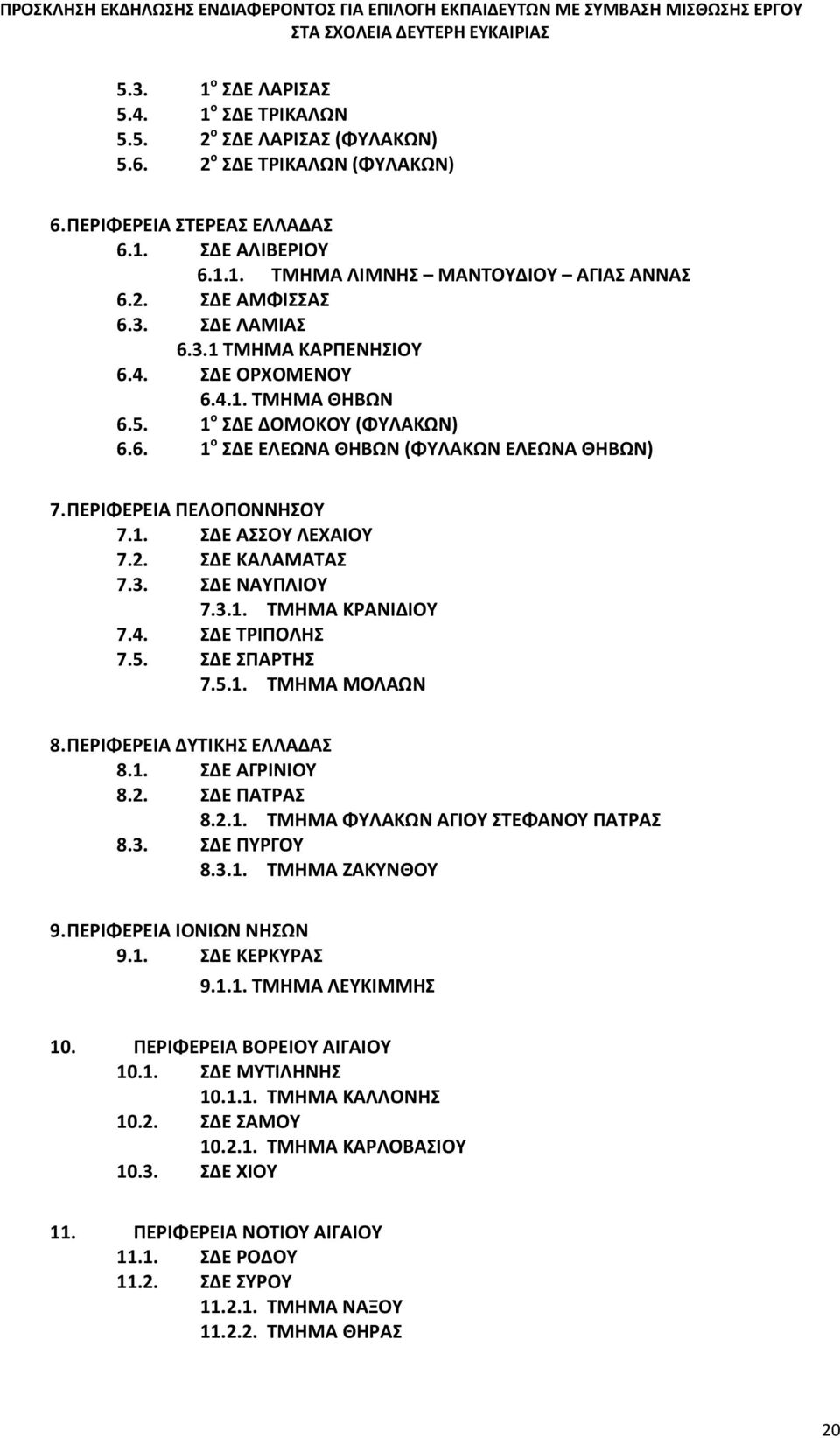 ΠΕΡΙΦΕΡΕΙΑ ΠΕΛΟΠΟΝΝΗΣΟΥ 7.1. ΣΔΕ ΑΣΣΟΥ ΛΕΧΑΙΟΥ 7.2. ΣΔΕ ΚΑΛΑΜΑΤΑΣ 7.3. ΣΔΕ ΝΑΥΠΛΙΟΥ 7.3.1. ΤΜΗΜΑ ΚΡΑΝΙΔΙΟΥ 7.4. ΣΔΕ ΤΡΙΠΟΛΗΣ 7.5. ΣΔΕ ΣΠΑΡΤΗΣ 7.5.1. ΤΜΗΜΑ ΜΟΛΑΩΝ 8. ΠΕΡΙΦΕΡΕΙΑ ΔΥΤΙΚΗΣ ΕΛΛΑΔΑΣ 8.1. ΣΔΕ ΑΓΡΙΝΙΟΥ 8.