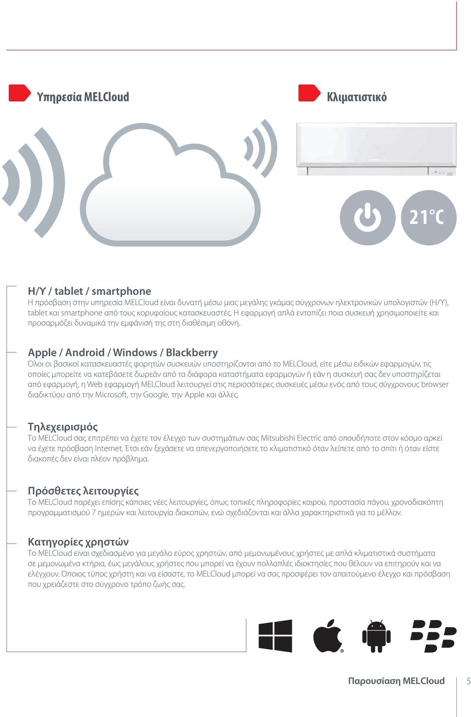 Apple / Android / Windows / Blackberry Όλοι οι βασικοί κατασκευαστές φορητών συσκευών υποστηρίζονται από το MELCloud, είτε μέσω ειδικών εφαρμογών, τις οποίες μπορείτε να κατεβάσετε δωρεάν από τα