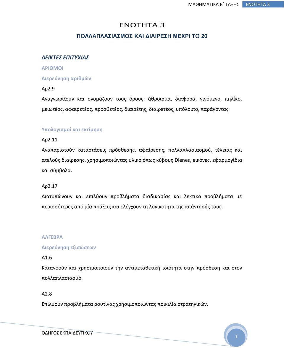 11 Αναπαριστούν καταστάσεις πρόσθεσης, αφαίρεσης, πολλαπλασιασμού, τέλειας και ατελούς διαίρεσης, χρησιμοποιώντας υλικό όπως κύβους Dienes, εικόνες, εφαρμογίδια και σύμβολα. Αρ2.