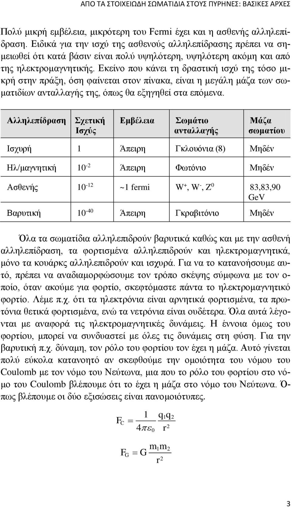 Εκείνο που κάνει τη δραστική ισχύ της τόσο μικρή στην πράξη, όση φαίνεται στον πίνακα, είναι η μεγάλη μάζα των σωματιδίων ανταλλαγής της, όπως θα εξηγηθεί στα επόμενα.