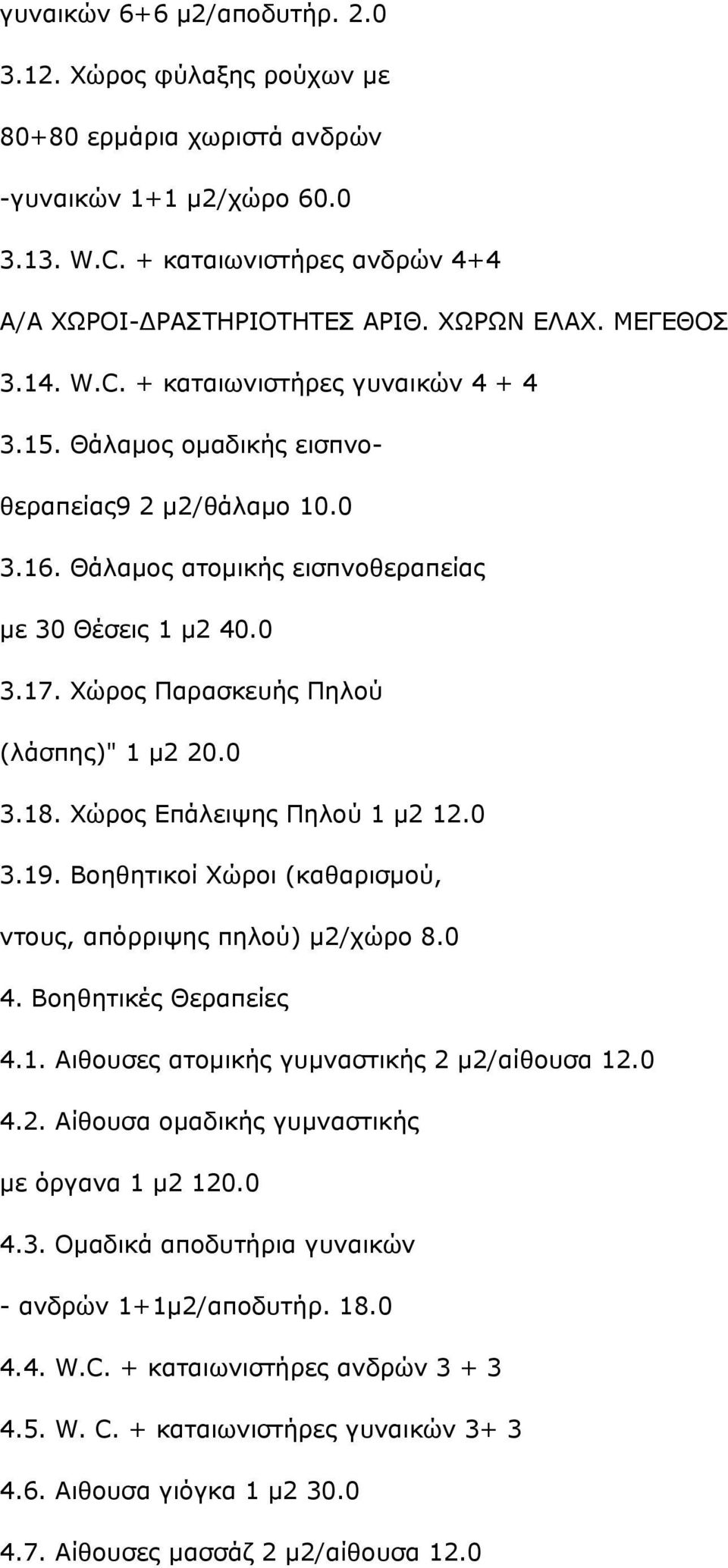 Χώρος Παρασκευής Πηλού (λάσπης)" 1 μ2 20.0 3.18. Χώρος Επάλειψης Πηλού 1 μ2 12.0 3.19. Βοηθητικοί Χώροι (καθαρισμού, ντους, απόρριψης πηλού) μ2/χώρο 8.0 4. Βοηθητικές Θεραπείες 4.1. Αιθουσες ατομικής γυμναστικής 2 μ2/αίθουσα 12.