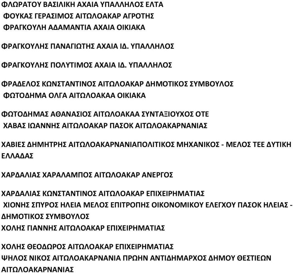 ΧΑΒΙΕΣ ΔΗΜΗΤΡΗΣ ΑΙΤΩΛΟΑΚΑΡΝΑΝΙΑΠΟΛΙΤΙΚΟΣ ΜΗΧΑΝΙΚΟΣ - ΜΕΛΟΣ ΤΕΕ ΔΥΤΙΚΗ ΕΛΛΑΔΑΣ ΧΑΡΔΑΛΙΑΣ ΧΑΡΑΛΑΜΠΟΣ ΑΙΤΩΛΟΑΚΑΡ ΑΝΕΡΓΟΣ ΧΑΡΔΑΛΙΑΣ ΚΩΝΣΤΑΝΤΙΝΟΣ ΑΙΤΩΛΟΑΚΑΡ ΕΠΙΧΕΙΡΗΜΑΤΙΑΣ ΧΙΟΝΗΣ ΣΠΥΡΟΣ ΗΛΕΙΑ ΜΕΛΟΣ