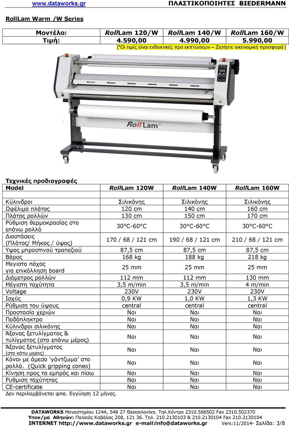 πλάτος 120 cm 140 cm 160 cm Πλάτος ρολλών 130 cm 150 cm 170 cm Ρύθμιση θερμοκρασίας στο επάνω ρολλό 30 C-60 C 30 C-60 C 30 C-60 C Διαστάσεις (Πλάτος/ Μήκος / ύψος) 170 / 68 / 121 cm 190 / 68 / 121 cm