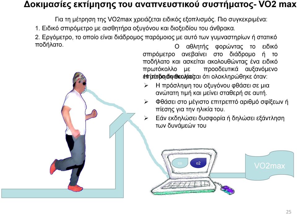 Ο αθλητής φορώντας το ειδικό σπιρόμετρο ανεβαίνει στο διάδρομο ή το ποδήλατο και ασκείται ακολουθώντας ένα ειδικό πρωτόκολλο με προοδευτικά αυξανόμενο επίπεδο Η μέτρηση δυσκολίας.