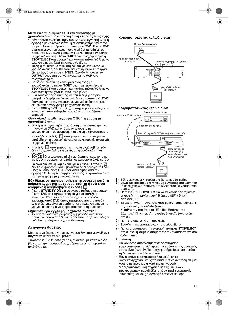 fm Page 14 Tuesday, January 31, 2006 1:36 PM Μετά από τη ρύθµιση OTR και εγγραφής µε χρονοδιακόπτη, η συσκευή αυτή λειτουργεί ως εξής: Εάν η ταινία τελειώσει πριν ολοκληρωθεί εγγραφή OTR ή εγγραφή µε