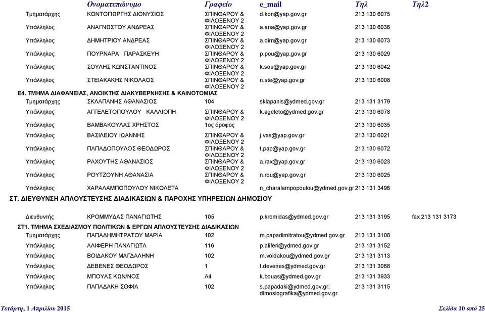 ste@yap.gov.gr 213 130 6008 Ε4. ΤΜΗΜΑ ΔΙΑΦΑΝΕΙΑΣ, ΑΝΟΙΚΤΗΣ ΔΙΑΚΥΒΕΡΝΗΣΗΣ & ΚΑΙΝΟΤΟΜΙΑΣ Τμηματάρχης ΣΚΛΑΠΑΝΗΣ ΑΘΑΝΑΣΙΟΣ 104 sklapanis@ydmed.gov.gr 213 131 3179 Υπάλληλος ΑΓΓΕΛΕΤΟΠΟΥΛΟΥ ΚΑΛΛΙΟΠΗ ΣΠΙΝΘΑΡΟΥ & k.
