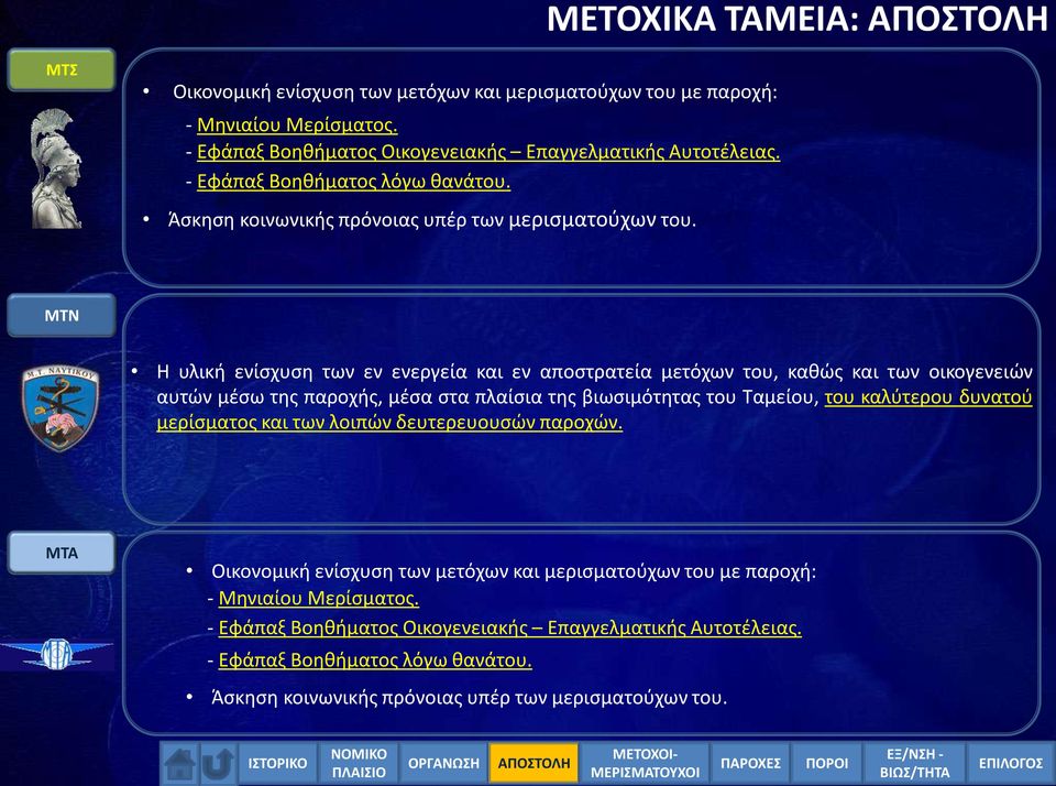 ΜΤΝ Η υλική ενίσχυση των εν ενεργεία και εν αποστρατεία μετόχων του, καθώς και των οικογενειών αυτών μέσω της παροχής, μέσα στα πλαίσια της βιωσιμότητας του Ταμείου, του καλύτερου δυνατού