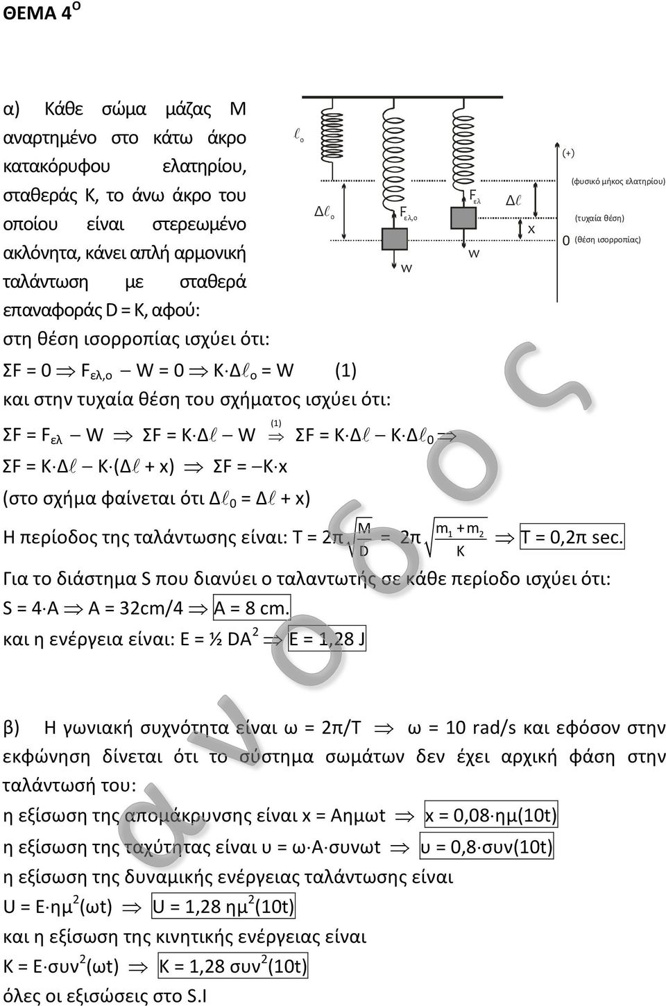 ισορροπίας) ΣF = F ελ W ΣF = K Δ W () ΣF = K Δ K (Δ + x) ΣF = K x ΣF = K Δ K Δ 0 (στο σχήμα φαίνεται ότι Δ 0 = Δ + x) Η περίοδος της ταλάντωσης είναι: T = π M = π m + m Τ = 0,π sec.
