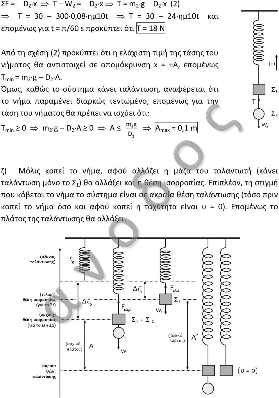 Όμως, καθώς το σύστημα κάνει ταλάντωση, αναφέρεται ότι το νήμα παραμένει διαρκώς τεντωμένο, επομένως για την τάση του νήματος θα πρέπει να ισχύει ότι: mg D Τ min 0 m g D Α 0 A A max = 0, m T (+) Σ Σ