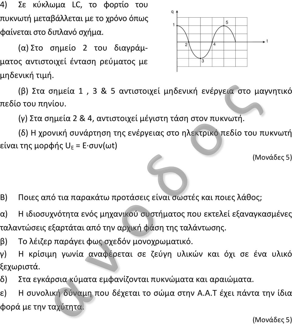 (δ) Η χρονική συνάρτηση της ενέργειας στο ηλεκτρικό πεδίο του πυκνωτή είναι της μορφής U E = E συν(ωt) Β) Ποιες από τια παρακάτω προτάσεις είναι σωστές και ποιες λάθος; α) Η ιδιοσυχνότητα ενός