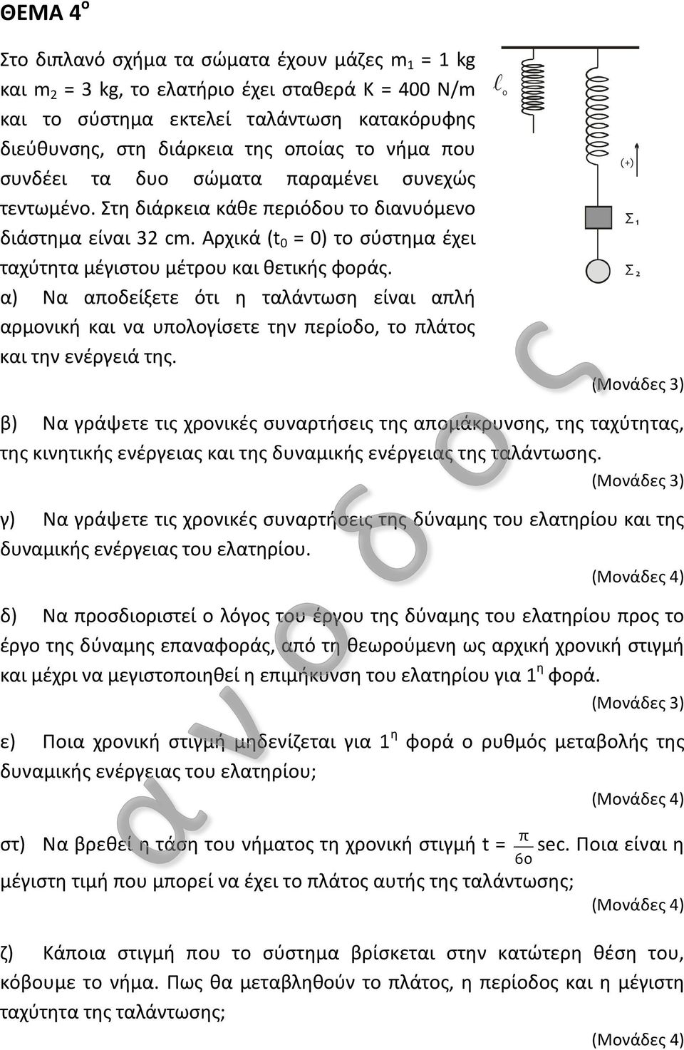 α) Να αποδείξετε ότι η ταλάντωση είναι απλή αρμονική και να υπολογίσετε την περίοδο, το πλάτος και την ενέργειά της.