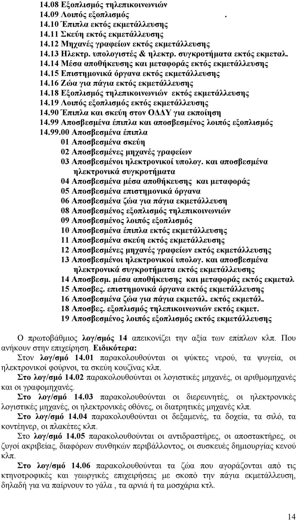 18 Εξοπλισμός τηλεπικοινωνιών εκτός εκμετάλλευσης 14.19 Λοιπός εξοπλισμός εκτός εκμετάλλευσης 14.90 Έπιπλα και σκεύη στον ΟΔΔΥ για εκποίηση 14.