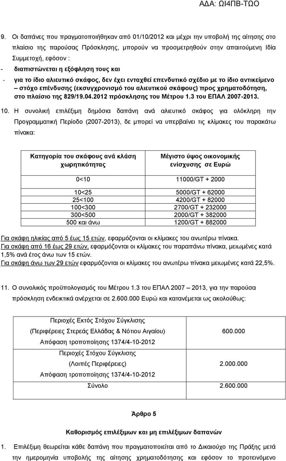 στο πλαίσιο της 829/19.04.2012 πρόσκλησης του Μέτρου 1.3 του ΕΠΑΛ 2007-2013. 10.