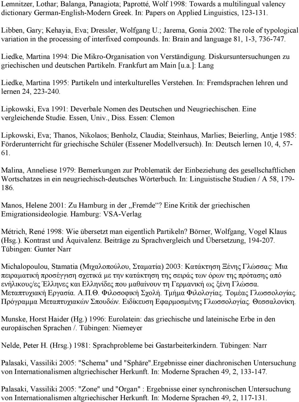 Liedke, Martina 1994: Die Mikro-Organisation von Verständigung. Diskursuntersuchungen zu griechischen und deutschen Partikeln. Frankfurt am Main [u.a.]: Lang Liedke, Martina 1995: Partikeln und interkulturelles Verstehen.