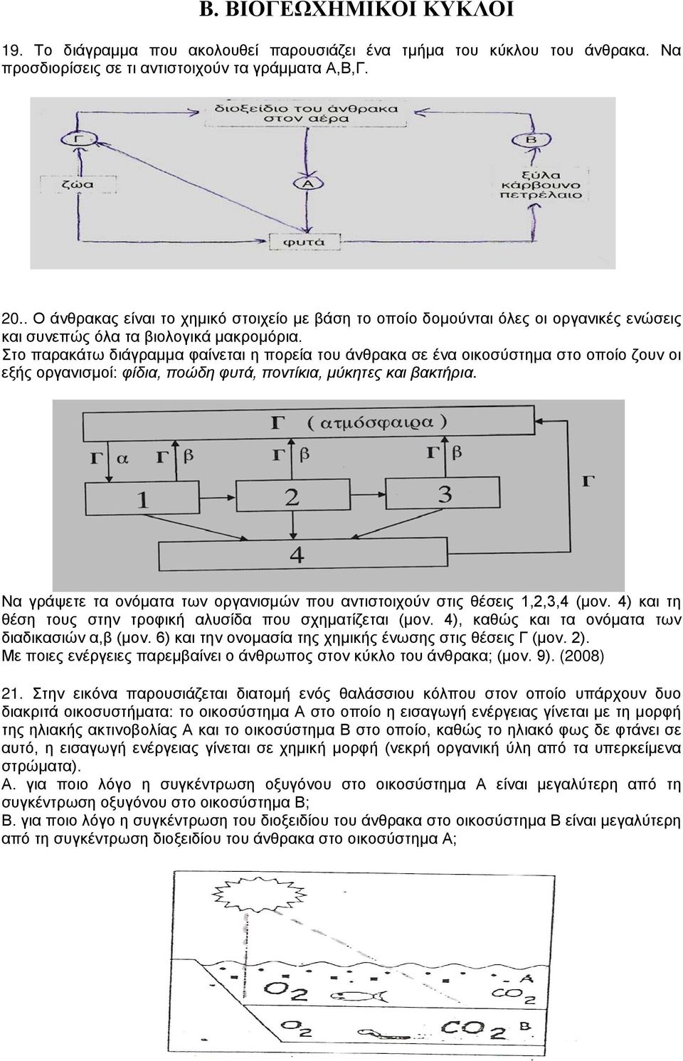 Στο παρακάτω διάγραμμα φαίνεται η πορεία του άνθρακα σε ένα οικοσύστημα στο οποίο ζουν οι εξής οργανισμοί: φίδια, ποώδη φυτά, ποντίκια, μύκητες και βακτήρια.