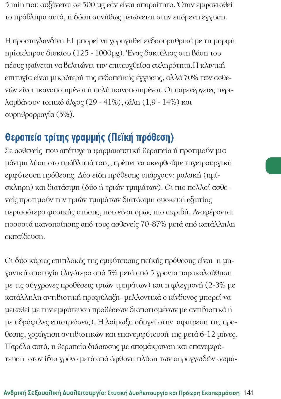 η κλινική επιτυχία είναι μικρότερή της ενδοπεϊκής έγχυσης, αλλά 70% των ασθενών είναι ικανοποιημένοι ή πολύ ικανοποιημένοι.