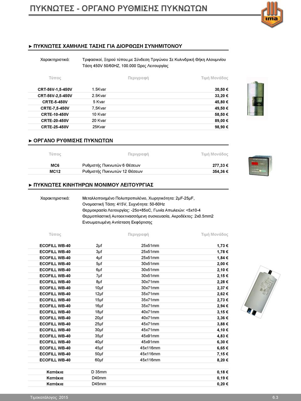 5Kvar 33,20 CRTE-5-450V 5 Kvar 45,80 CRTE-7,5-450V 7,5Kvar 49,50 CRTE-10-450V 10 Kvar 58,50 CRTE-20-450V 20 Kvar 89,00 CRTE-25-450V 25Kvar 98,90 ΟΡΓΑΝΟ ΡΥΘΜΙΣΗΣ ΠΥΚΝΩΤΩΝ MC6 Ρυθμιστής Πυκνωτών 6