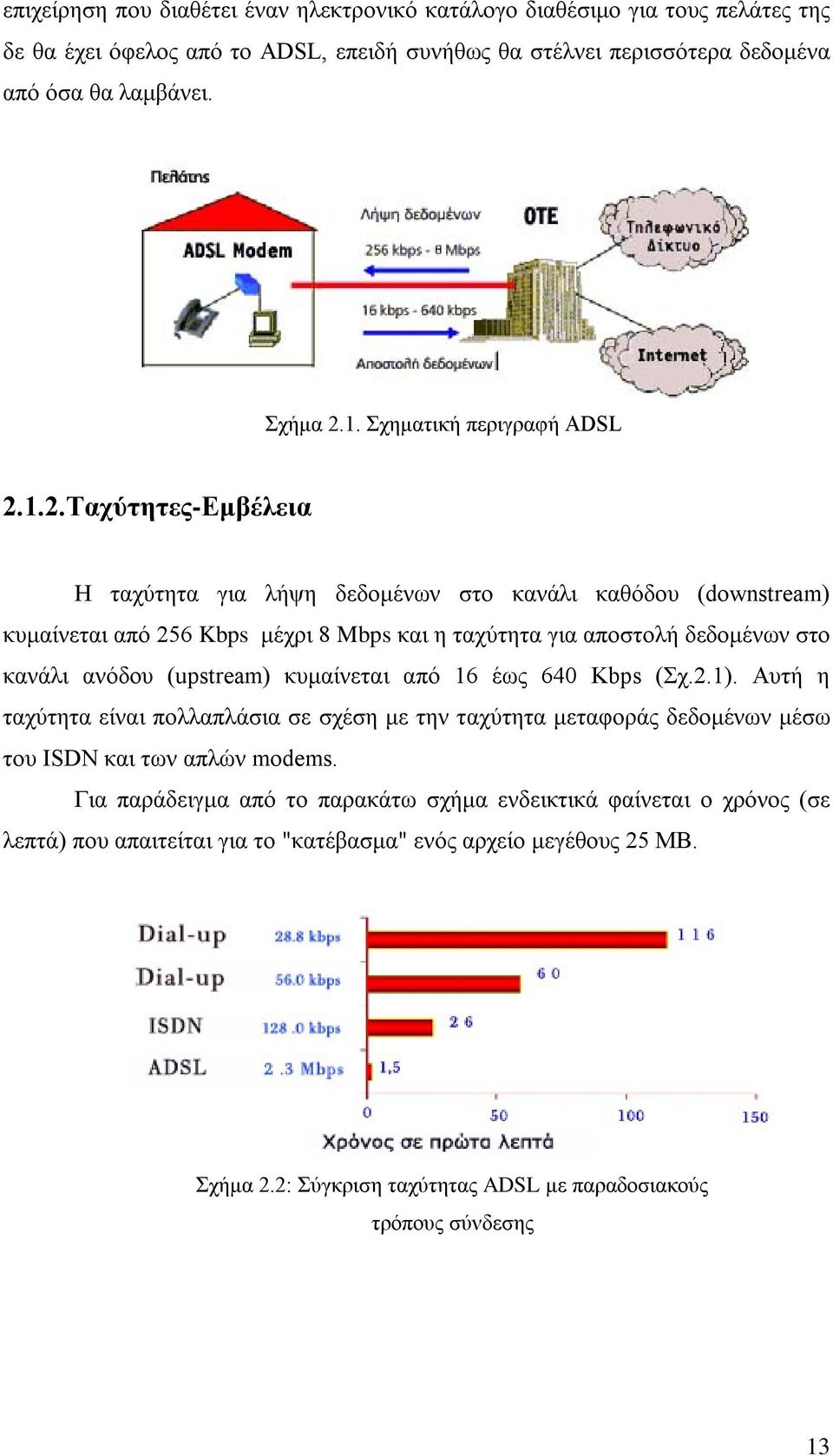 1.2.Ταχύτητες-Εμβέλεια Η ταχύτητα για λήψη δεδομένων στο κανάλι καθόδου (downstream) κυμαίνεται από 256 Kbps μέχρι 8 Mbps και η ταχύτητα για αποστολή δεδομένων στο κανάλι ανόδου (upstream)