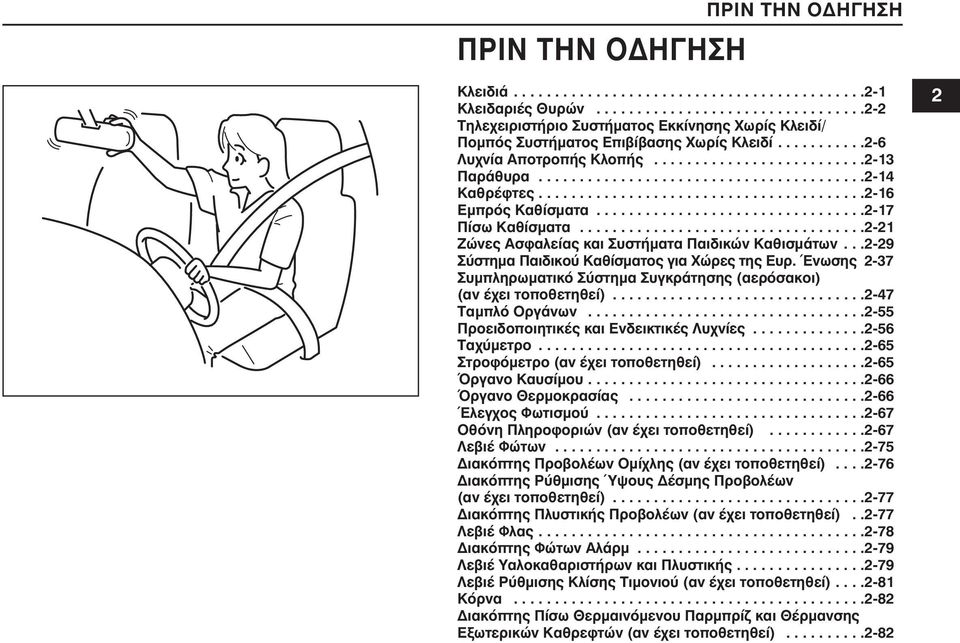 .......................................2-14 Καθρέφτες........................................2-16 Εμπρός Καθίσματα.................................2-17 Πίσω Καθίσματα.